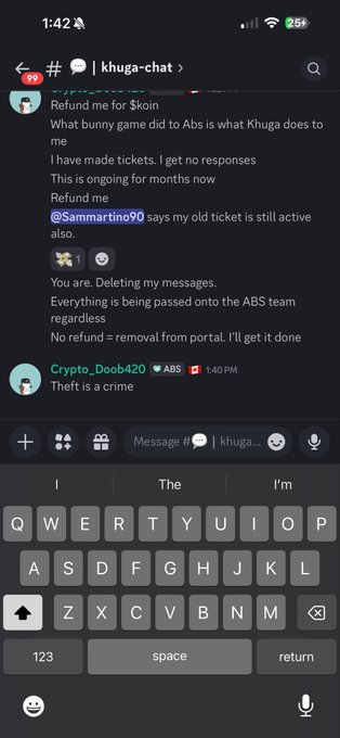 The image shows a phone screen displaying a message from Khuga, a messaging app user. The message reads "Khuga has held my money for almost 1 year now due to a presale that never happened. @Abstract_Eco @AbstractChain I’ve reached out to Khuga several times over the course of many months and get no responses Theft is a crime. Yet they remain on portal." The post seems to be discussing an issue with Khuga's app, possibly related to money or security.