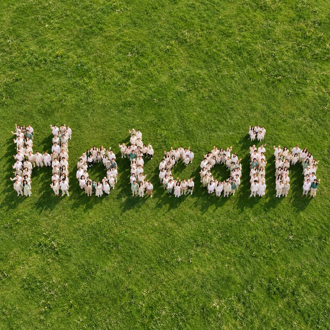 An aerial view of a large group of people dressed in white and green standing on a grassy field, arranged to spell out the word 'Hormozi'.