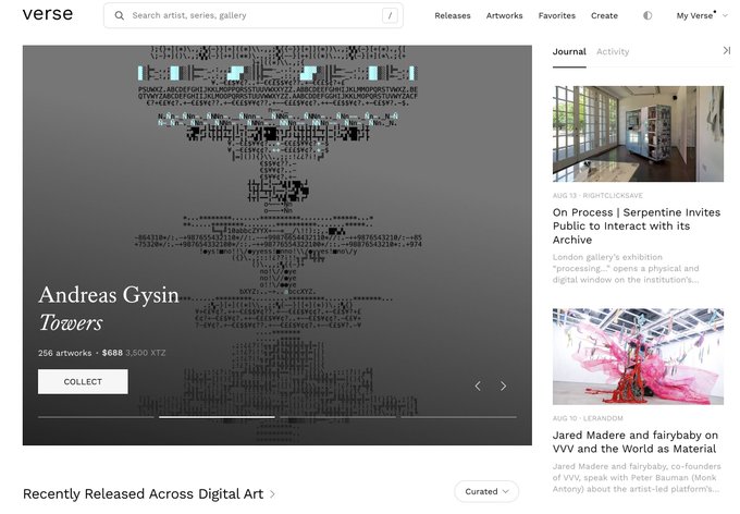 A screenshot of the 'verse' digital art platform displays an artist profile for 'Andreas Gysin' under the collection 'Towers'.
