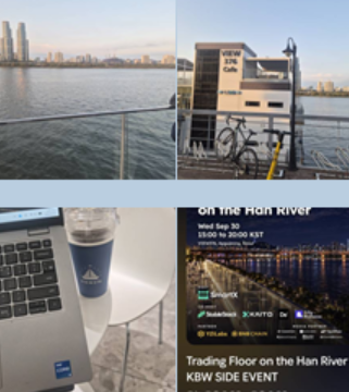 A promotional post for 'Trading Floor on the Han River' KBW side event featuring photos of Seoul cityscape, a Han River venue, and a coffee cup next to a laptop.