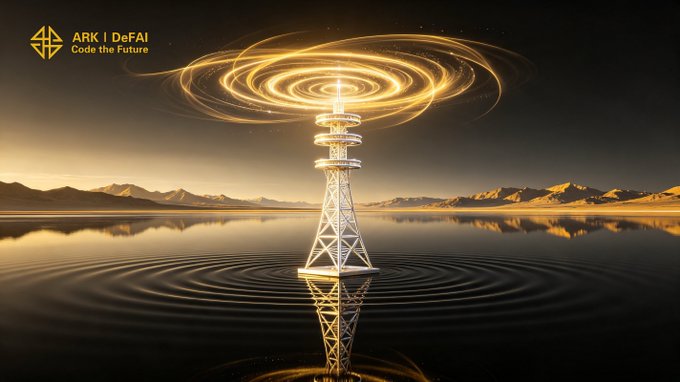 A glowing transmission tower emits radiant signal waves across a desert lake, symbolizing ARK's reach to connect every AI Agent and creator worldwide. The image features the "ARK | DeFAI - Code the Future" logo, reinforcing the post's message of the Arkie AI App broadcasting limitless possibilities across one unified ecosystem.