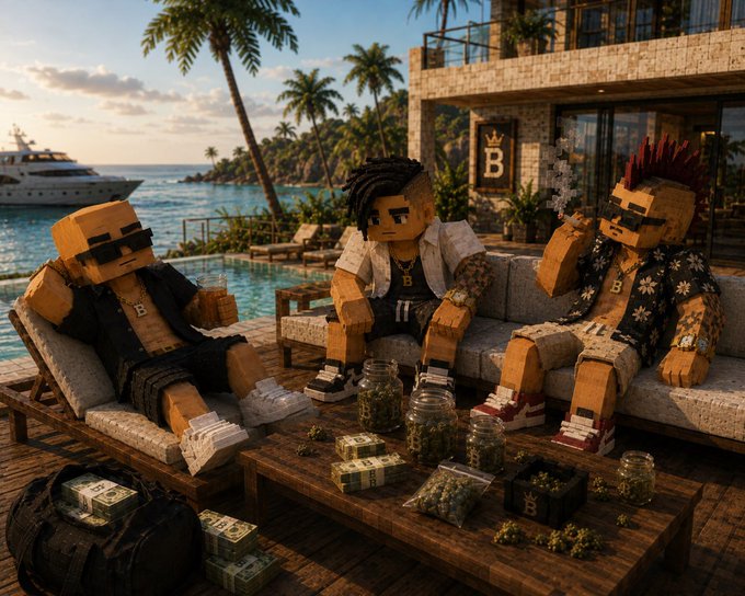 Three blocky, Minecraft-style characters lounge on a luxurious poolside patio at a tropical villa, surrounded by glass jars filled with green buds, stacks of cash labeled "$B," and a logo displaying "B" with a crown — symbolizing the wealth, success, and lifestyle promised in the post about climbing to new territories in the game.