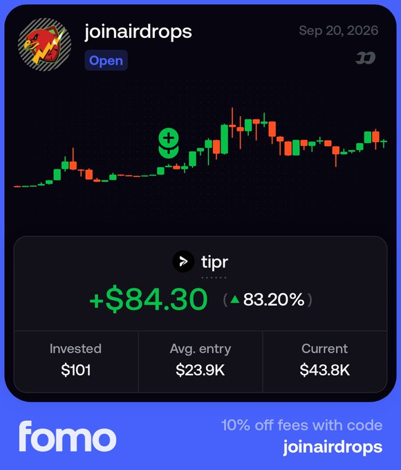 A Fomo app dashboard showing a profit of +$84.30 (83.20% gain) for the user 'joindairdrops' with a candlestick chart and promo code 'joindairdrops' for 10% off fees.