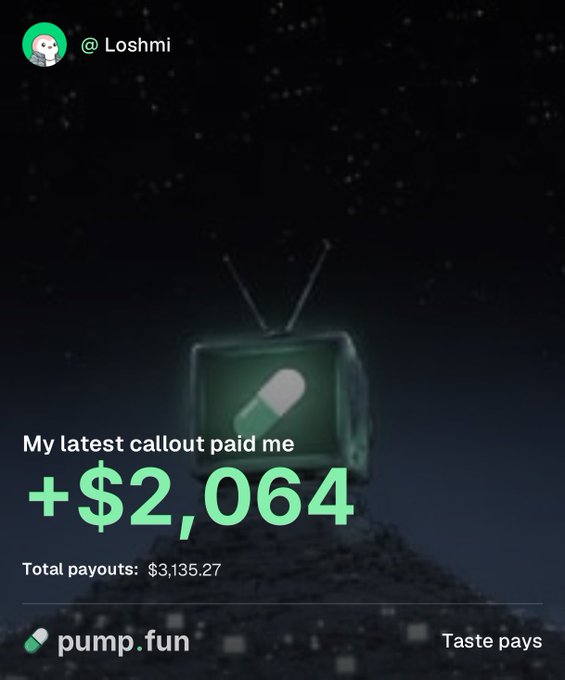 A pump.fun screenshot showing '@_Loshmi' with text 'My latest callout paid me +$2,064' and 'Total payouts: $3,135.27' alongside a TV icon with a pill.