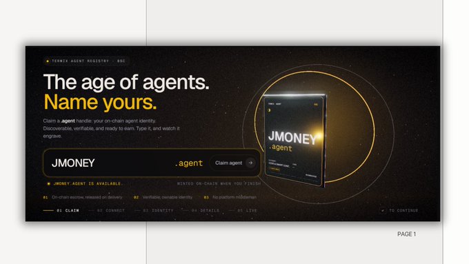 A website mockup for a Ternra Agent Registry featuring the tagline 'The age of agents. Name yours.' with a 'JMONEY.agent' claim example.