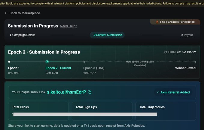 Kaito platform dashboard showing 'Epoch 2 - Submission in Progress' with a unique track link (s.kaito.ai/hsmEdrP), 5,684 creators participated, and time left of 9d 19h 1m.