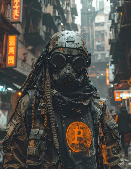 A post-apocalyptic, cyberpunk-style digital artwork of a figure wearing a gas mask and a weathered helmet, with a glowing orange Bitcoin logo on their chest, set against a neon-lit Asian city street.