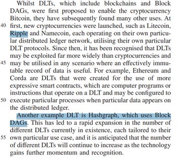 An academic text excerpt discussing distributed ledger technologies (DLTs), highlighting terms like 'Ripple', 'Block DAGs', and 'Hashgraph' in blue, explaining how these cryptocurrencies evolved from Bitcoin.