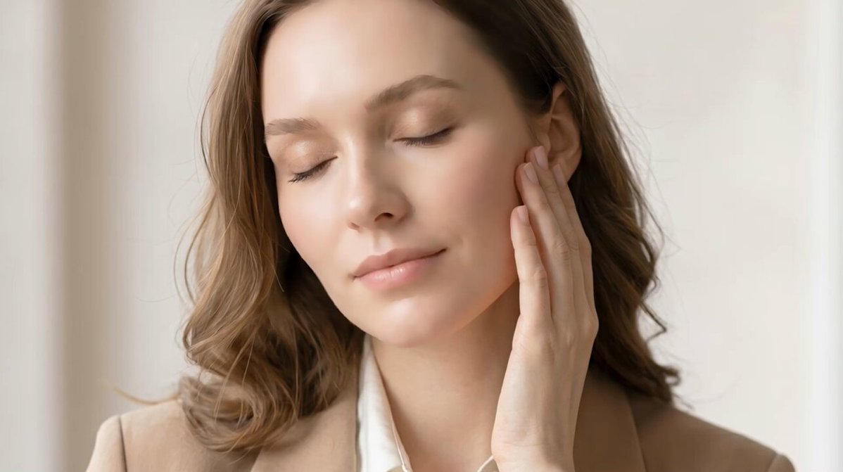 The image shows a beautiful woman with long brown hair who has her hand on her face while she's smiling. The background appears to be a white wall, giving the impression of a serene setting for this girl. She seems to be in front of a computer monitor or some device related to skincare and trade management advice.