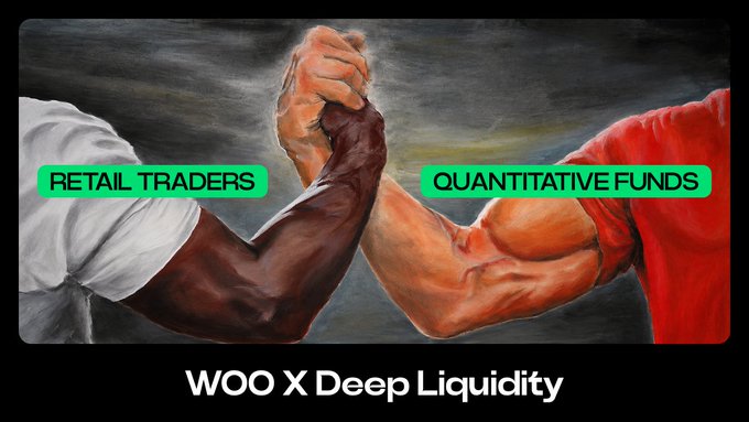 A promotional graphic depicting an arm-wrestling match between 'Retail Traders' (in white) and 'Quantitative Funds' (in red), with text below reading 'WOO X Deep Liquidity'.