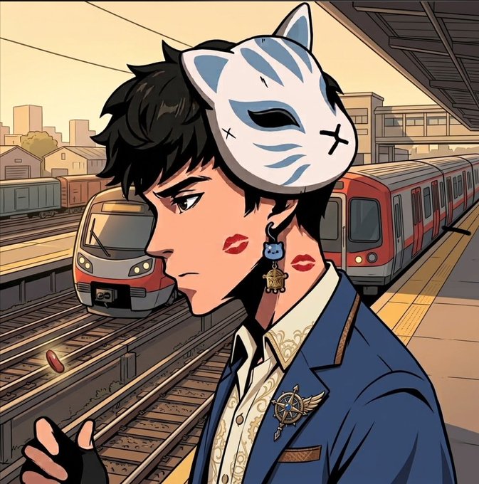 An anime-style illustration of a young man with dark hair wearing a white fox/kitsune mask pushed up on his head, standing at a platform with trains in the background, wearing a blue jacket with decorative jewelry.