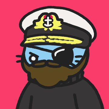A cartoon illustration of a blue cat dressed as an admiral or captain with a white hat, gold detailing, an eye patch, and a beard, set against a bright pink background.