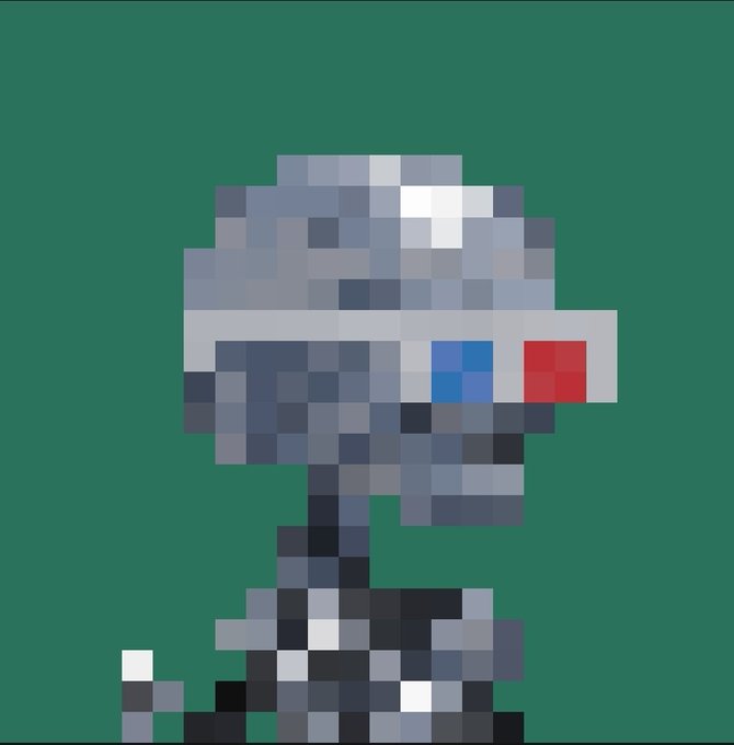 The image features a pixel art depiction of a stylized robot or mechanical figure with a glowing white head, blue eye, and red light, set against a green background—matching the "gMuse legends" theme referenced in the post, likely as a new NFT achievement for user @argonauts9999.