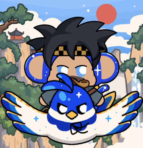 A cartoon illustration depicts a character with black hair and a headband riding a blue, winged bird-like creature, set against a backdrop of traditional Asian mountains and a red sun.
