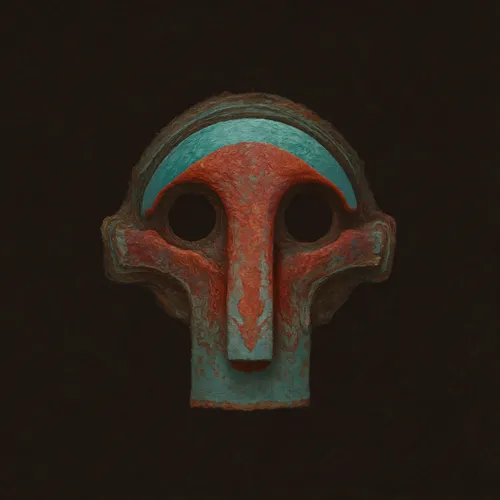 A weathered, ancient-style mask painted in red and teal colors with large dark eye holes, displayed against a black background.