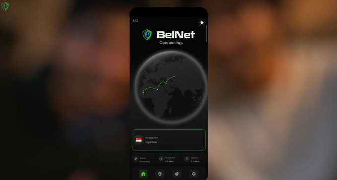 The image shows a smartphone displaying the BelNet VPN app with a connection screen to Singapore (Digital Souls), showing a globe with connection lines and download/upload speeds of 0.2 MB/s. This relates to the post's theme of managing multiple connections and platforms, as BelNet's decentralized VPN concept parallels the challenge of overseeing various exchanges and tracking fragmented portfolios.
