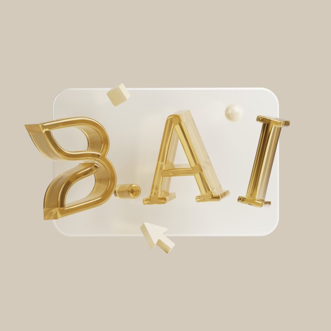 A 3D render of gold letters "B.AI" on a white background with a cursor arrow and small floating geometric shapes.
