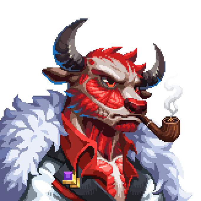 A pixel art depiction of a red bull-headed humanoid character with large gray horns, bared teeth, and a smoking pipe, wearing a black uniform with white fur shoulder accents and a gold insignia—styled as a "Star Admiral of the Bull Federation" PFP. The detailed 164x164 pixel artwork contrasts with CryptoPunks' smaller 24x24 format, as noted in the caption.