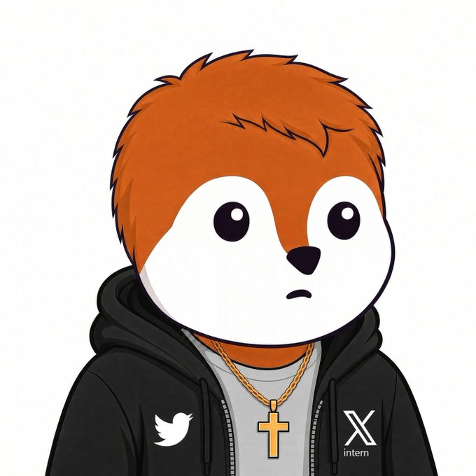 An illustrated cartoon character with orange hair wearing a black hoodie featuring Twitter and X logos, along with a gold cross necklace.
