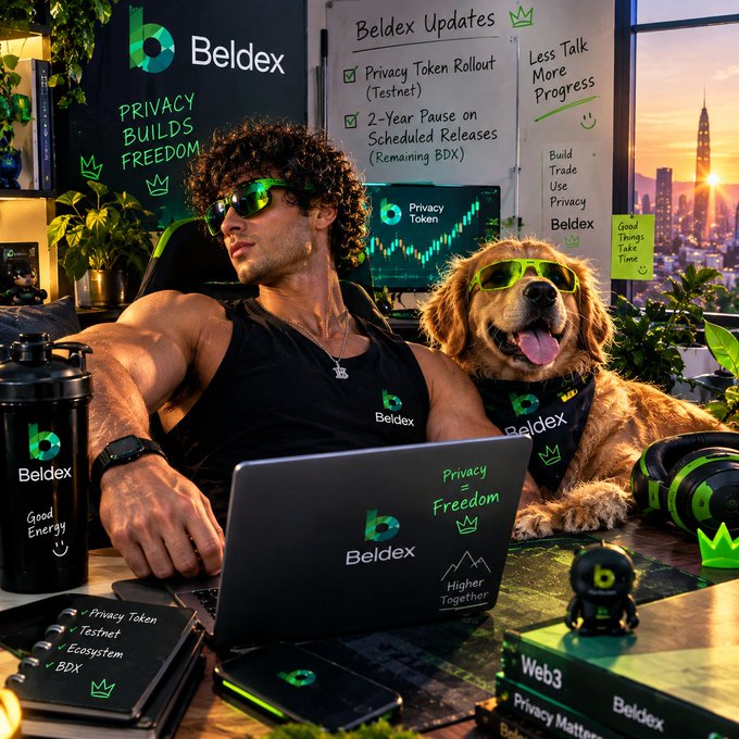 A branded crypto-office scene shows a muscular man and a dog wearing Beldex merchandise, surrounded by “Privacy,” “Builds Freedom,” “Web3,” and “Privacy Token” messaging on screens, apparel, and accessories.