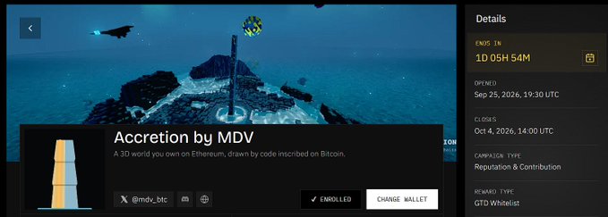 A screenshot of a digital art platform showing a 3D piece titled 'Accretion by MDV', described as 'A 3D world you own on Ethereum, drawn by code inscribed on Bitcoin,' with 1 day, 5 hours, 54 minutes remaining until the drop ends.