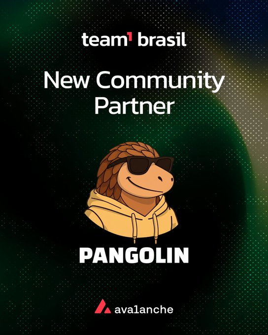 The image features a cartoon character wearing sunglasses and a yellow hoodie with the name "Pangolin" written below his head. The background of the image is black, which contrasts with the colorful character and makes him stand out. The text on the poster reads "New Community Partner: @pangolindex A Pangolin segue como uma das principais DEXs nativas da Avalanche, construindo ferramentas DeFi rápidas, acessíveis e voltadas para a comunidade". The post is about an individual named "Pangolin" who has been chosen to be part of a new community partnership.