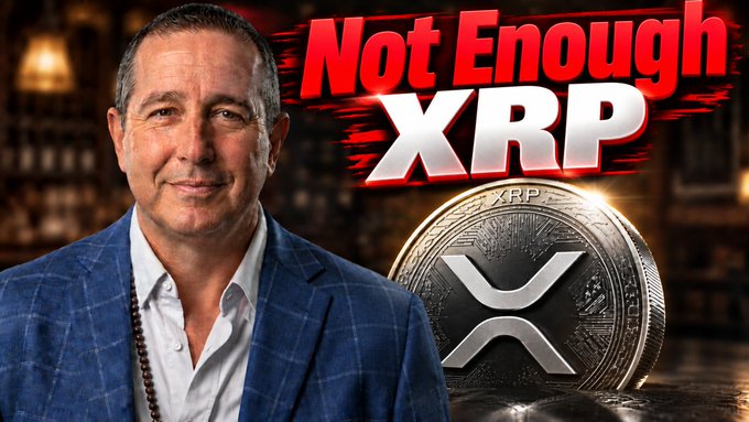 YouTube thumbnail featuring a smiling man in a blue blazer beside a large silver XRP coin graphic, with bold red text reading 'Not Enough XRP'.