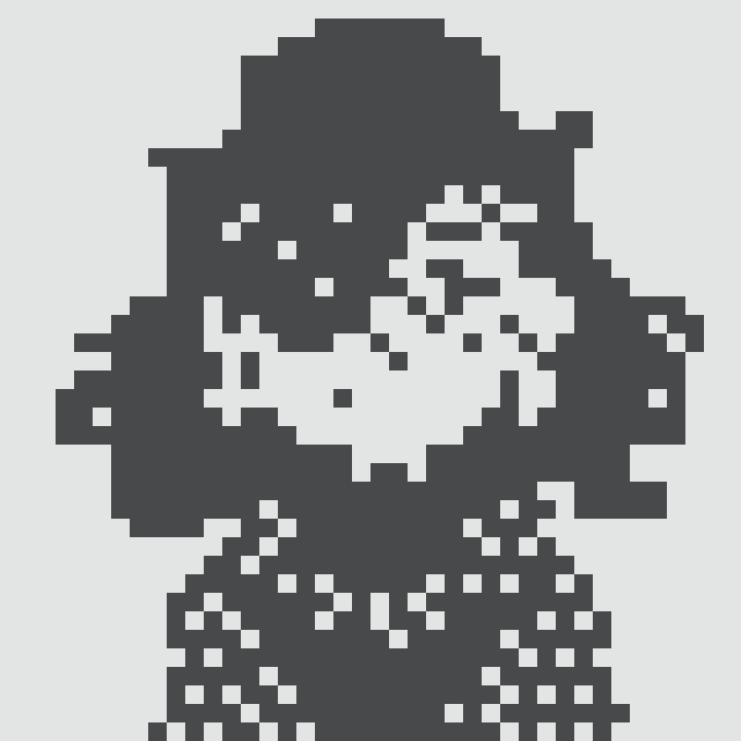 A pixel art portrait of a character with long flowing hair and a beard wearing sunglasses, rendered in dark navy and white tones.