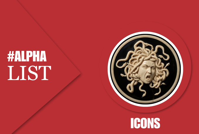 A red promotional graphic features the text "#ALPHA LIST" on the left and "ICONS" at the bottom right, alongside an illustration of Medusa's head—a fitting visual for the post highlighting The Icons Art NFT project by @Degen_Alfie and its historical, mythology-inspired storytelling features.
