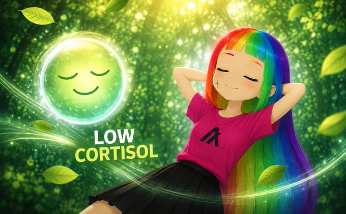 An anime-style illustration of a rainbow-haired girl with her hands behind her head next to a smiling green orb labeled 'LOW CORTISOL' in a forest setting.