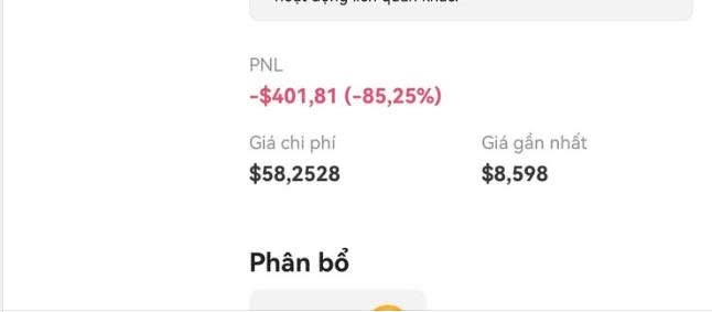 A screenshot showing financial metrics in Vietnamese, displaying a PNL of '-$401,81 (-85,25%)', with cost price '$58,2528' and latest price '$8,598'.