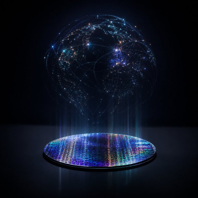 The image features a computer chip placed on a circular platform that has a blue and purple patterned surface. The chip appears to be floating or hovering above the platform, with a globe-like structure surrounding it. The background of the image is black, which contrasts with the colorful chip and platform. In the corner of the image, there's text that reads "JUST IN: Bittensor subnet 106 is moving toward mainnet. Nodexo 3.0 testnet is live now, with real GPUs bound to on-chain identity before earning and mainnet planned for June." This suggests that the image might be related to a discussion or event about the Bittor network, specifically the subnet 106, and its connection to the Nodexo 3.0 testnet.