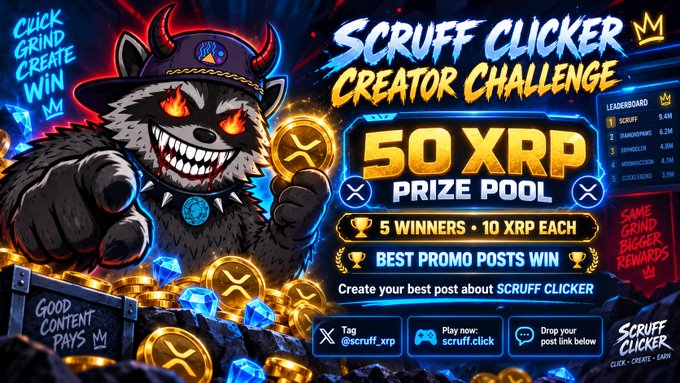 A promotional graphic for "SCRUFF CLICKER CREATOR CHALLENGE" featuring a grinning wolf mascot, advertising a "50 XRP PRIZE POOL" with "5 WINNERS • 10 XRP EACH", and the handle "@scruff_xrp".
