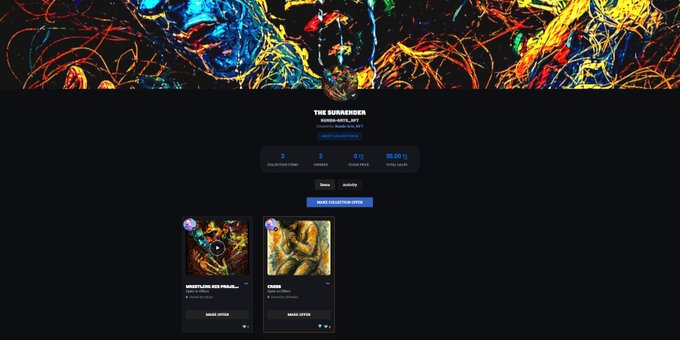 A website screenshot titled 'THE SURRENDER' by Robin Hirt_Art, priced at $80.00, displaying abstract colorful artwork and counting down to a collection offering.