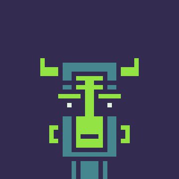 A minimalist, pixel-art style graphic depicts a stylized green and teal bull or cow face with horns against a solid dark navy background.