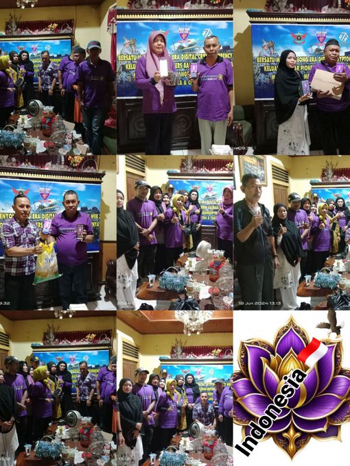 The photo showcases a group of people dressed in purple shirts standing together in front of a wall with a banner that reads "Indonesia" and "My hope for Pi Network", which suggests an event or gathering related to the Indonesian community, possibly during the Pi Network anniversary celebration. The collage includes photos from various events where the participants are wearing purple shirts, indicating the theme of the photo series. The presence of different colored shirts in the image creates a visual representation of unity and diversity within the group.