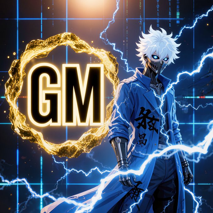 An anime-style digital illustration featuring a white-haired cyborg/character in a blue coat surrounded by lightning bolts and binary code, with a glowing 'GM' emblem on the left.