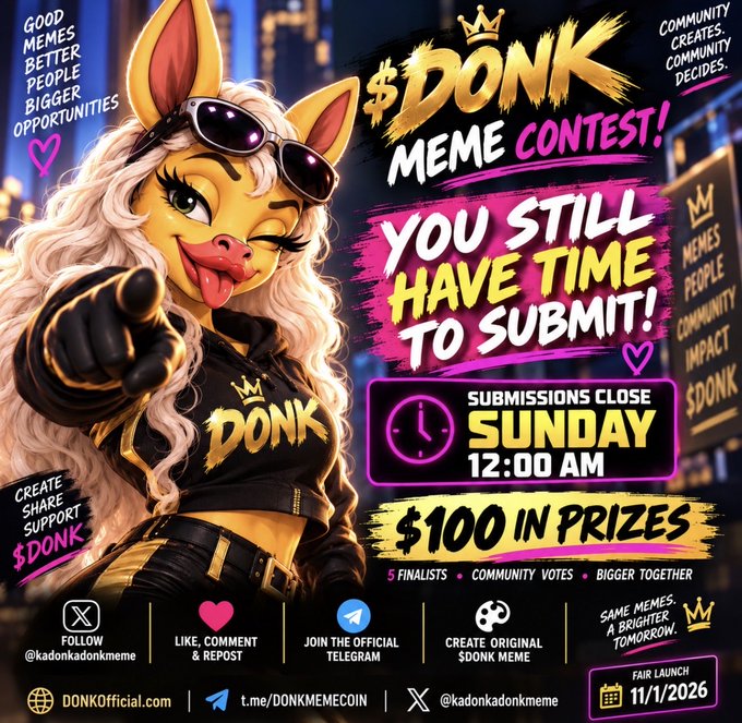 A vibrant promotional poster for the $DONK Meme Contest featuring a stylized blonde fox character pointing at the viewer, with bold text announcing "YOU STILL HAVE TIME TO SUBMIT!" alongside key details: submissions close Sunday at 12:00 AM, $100 in prizes, and 5 finalists selected by community votes. The poster reinforces the contest announcement with calls to action including following @kadonkadonkmeme, liking/reposting on Telegram, and creating original $DONK memes, tying together the meme contest's closing deadline and community-driven judging process.
