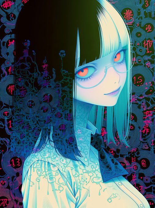 An anime-style illustration of a character with bright blue hair and glowing red eyes, surrounded by intricate blue patterns and red Japanese characters.