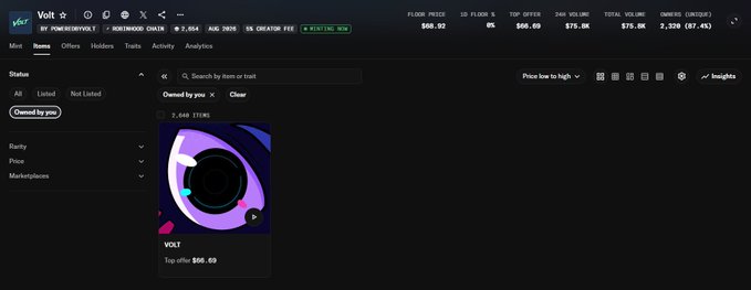A screenshot of the Volt NFT marketplace showing a token page for "VOLT" on the Base network, displaying an NFT with 2,660 items, a floor price of $66.69, and an offer of $75.00, which appears to be the marketplace where the user minted their new NFT collection.