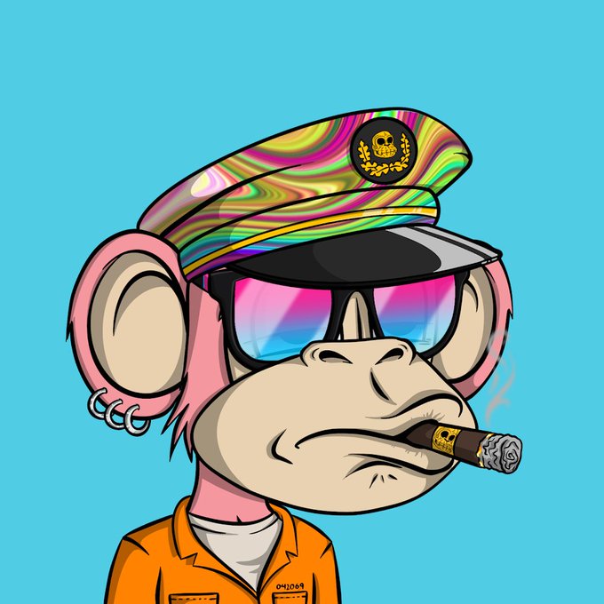 A cartoon Bored Ape-style monkey wearing an iridescent captain's hat with a skull emblem, pink fur, reflective sunglasses, ear piercings, and an orange prison jumpsuit labeled "041069" smokes a cigar with a gold band, matching the "$BAYLA ISLAND MAXXING" post's tropical, carefree vibe through its bold, animated monkey persona.