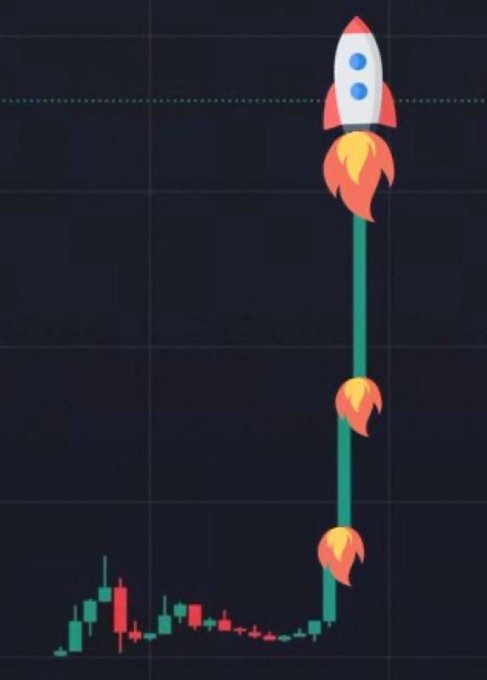 A rocket ship blasts off from a candlestick chart, symbolizing a massive upward price breakout. The illustration pairs with the post's request for a low market cap ticker with "500x potential," humorously depicting the kind of explosive gains the user is hunting for.
