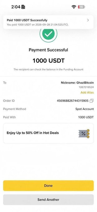 A mobile app screenshot showing a successful crypto transaction, displaying 'Payment Successful 1000 USDT' sent to 'Nickname: GhaziBitcoin' via Spot Account.