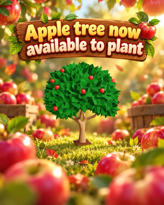 The image displays a low-poly, cartoon-style apple tree with green foliage and red apples centered on a grassy field, surrounded by abundant red apples and wooden baskets. A wooden sign at the top reads "Apple tree now available to plant," matching the post's announcement about apple trees being ready to plant in Upland.