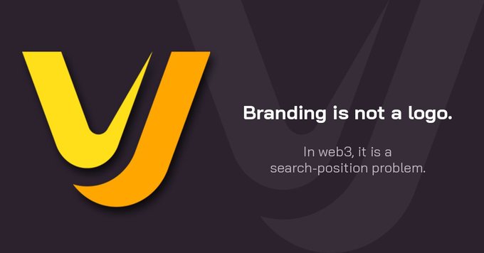 A dark-themed graphic with a yellow and orange 'y' logo, displaying the text 'Branding is not a logo. In web3, it is a search-position problem.'