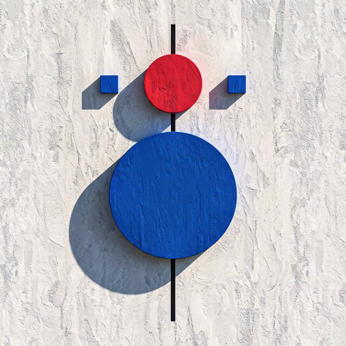 An artistic 3D rendering on a textured stone background featuring a large blue circle, a smaller red circle above it, and two small blue squares flanking the red circle, all connected by a vertical black line.