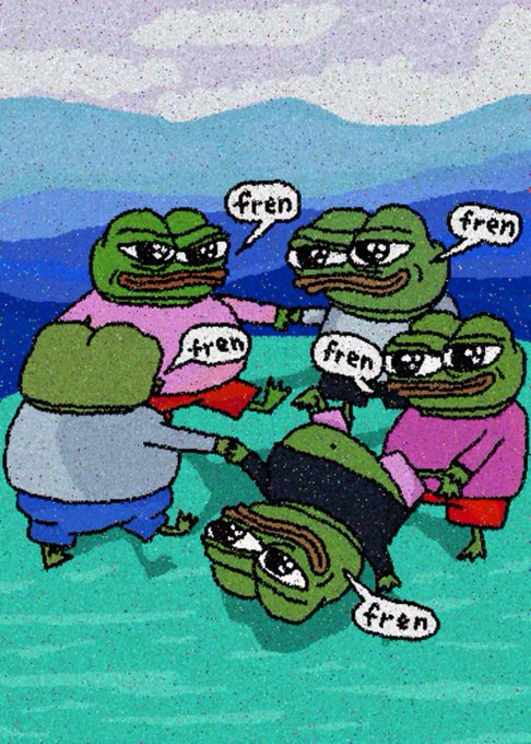 Pixelated meme artwork showing four Pepe the Frog characters with sad expressions saying 'fren' in speech bubbles, while one lies on the ground also saying 'fren,' set against a blue mountain backdrop.