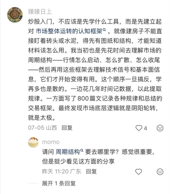A screenshot of a Chinese social media comment section where user "臻臻 日上" shares trading advice, emphasizing that beginners should first build a cognitive framework of market cycles rather than learning tools directly, comparing it to needing blueprints before laying bricks, and noting that the underlying market logic is essentially about cycles—yin and yang, the "taiji" (太极). A reply from user "momo" asks where to learn about this "周期结构" (cycle structure), noting it feels important but such insights are rarely shared.