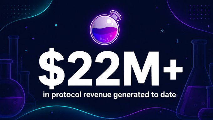 A vibrant graphic featuring a glowing purple potion bottle and laboratory flasks highlights the bold text "$22M+ in protocol revenue generated to date," celebrating Osmosis's milestone of surpassing $22 million in protocol revenue from real user fees.