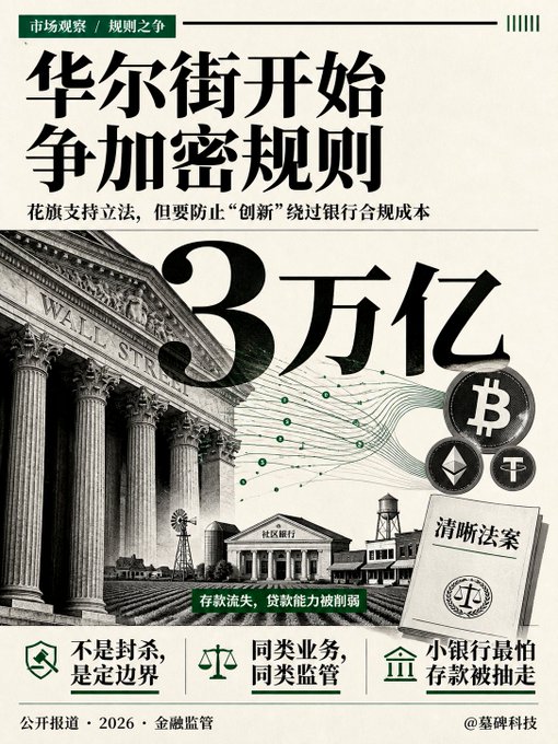 A Chinese-language magazine cover headlined "华尔街开始争加密规则" ("Wall Street Begins to Fight for Crypto Rules"), featuring imagery of the New York Stock Exchange, cryptocurrency symbols (Bitcoin, Ethereum), a $3 trillion figure, and the CLARITY Act (清晰法案), visually illustrating Citigroup's push—alongside other major banks—to establish regulatory frameworks rather than bans for digital assets.